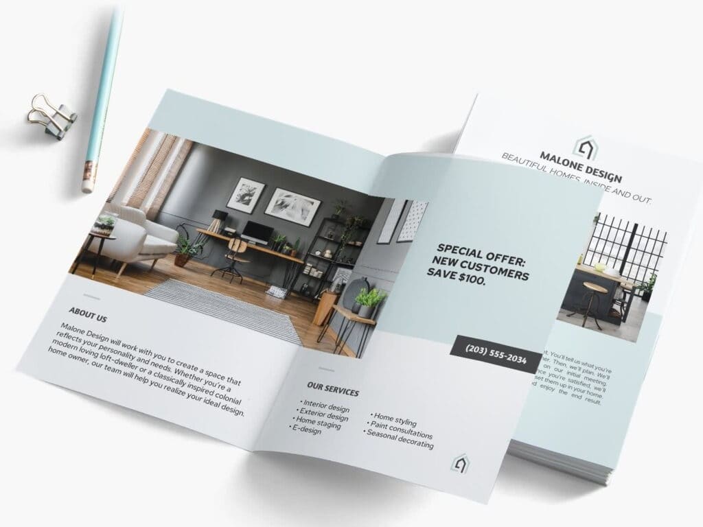 An example of an interior design studio bi-fold folded leaflet with a special offer for new customers inside