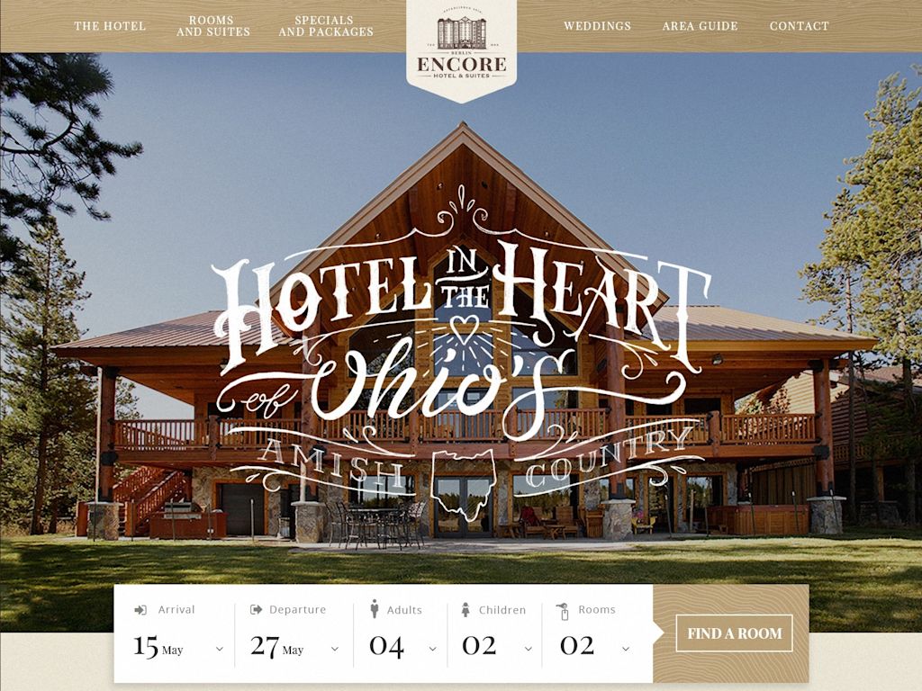 Hotel website homepage with decorative typography, large hero image, top navigation menu and integrated online booking form for rooms and suites.