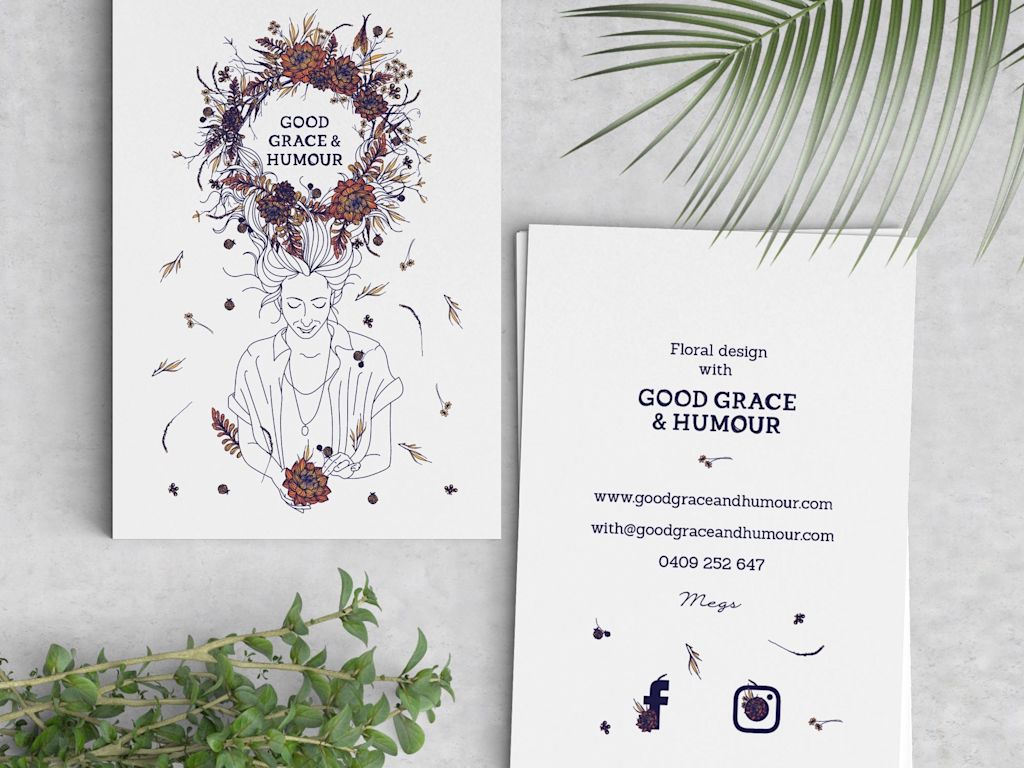 line illustration style business card featuring a woman with a flower wreath made of her hair