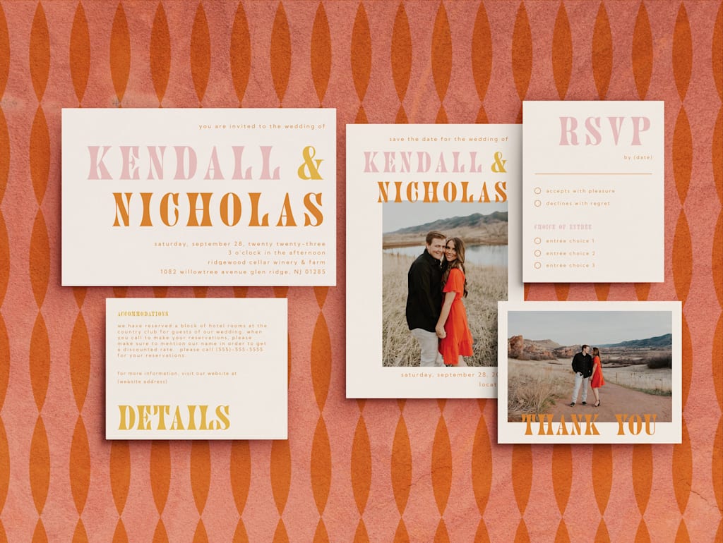 Vintage wedding invitations inspired by the 1970s.