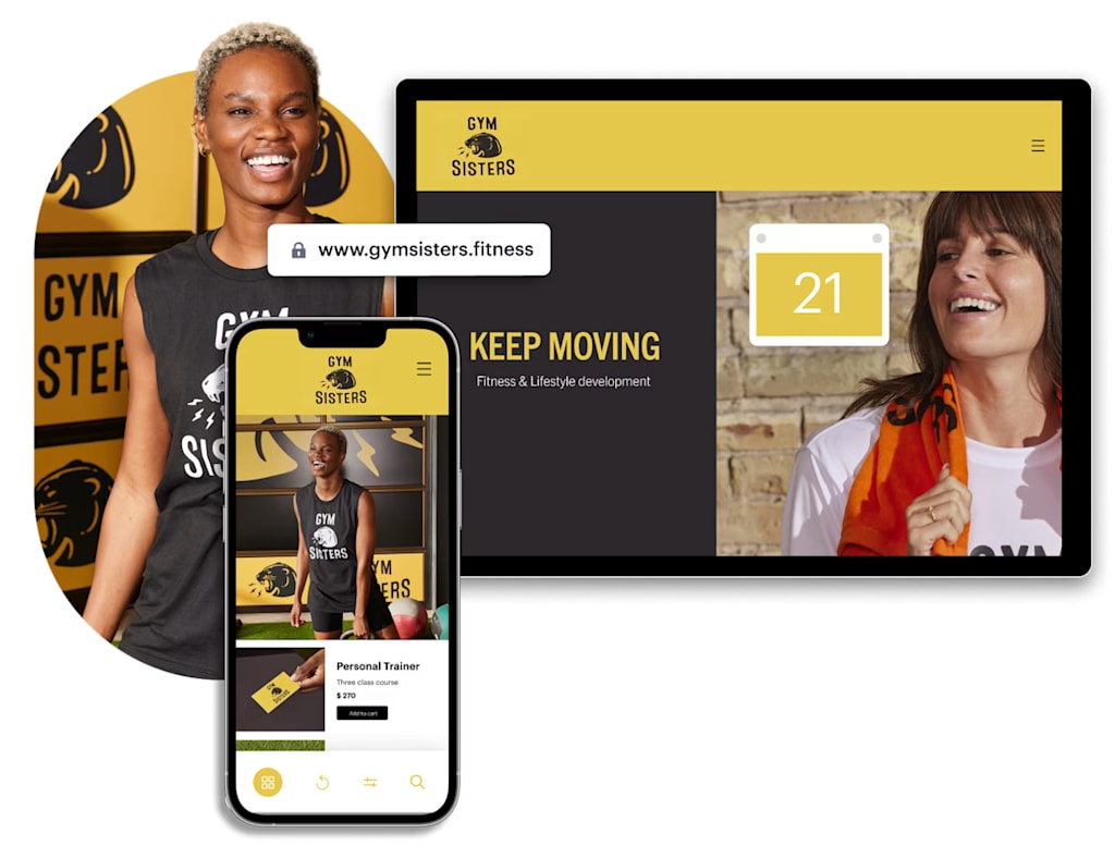 multi-device display of a black and gold gym app