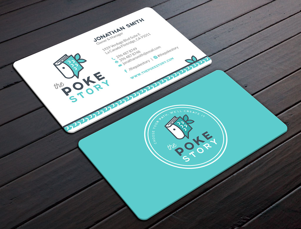 Front and back view of the light blue and white themed business card design for The Poke Story