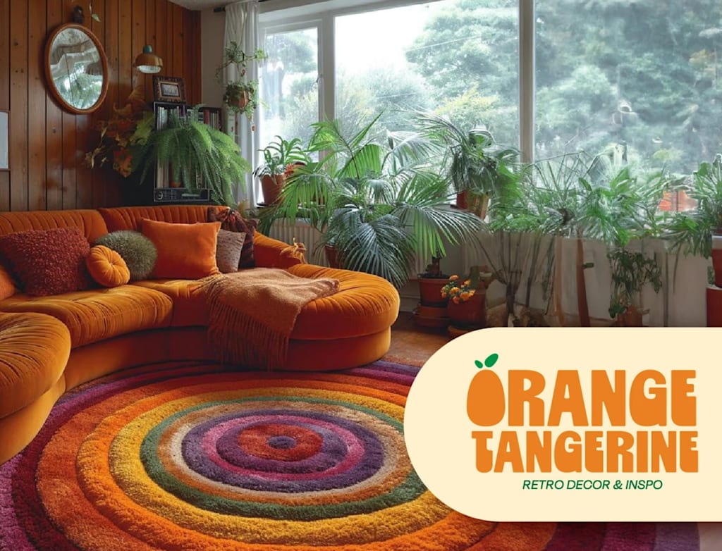 A retro living room featuring a tangerine orange sofa and a large round rug with orange as the main color
