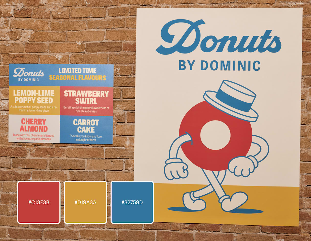A red, yellow and blue logo design for Donuts by Dominic