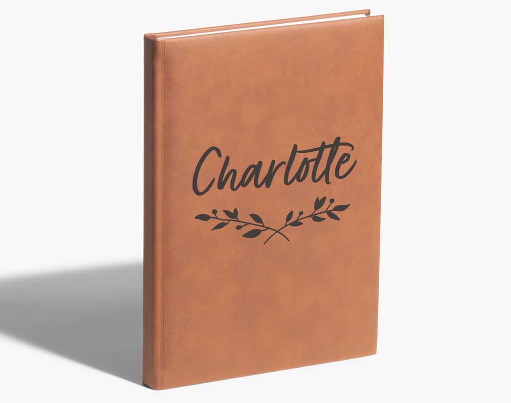 Custom leather notebook personalized with the name &ldquo;Charlotte&rdquo;