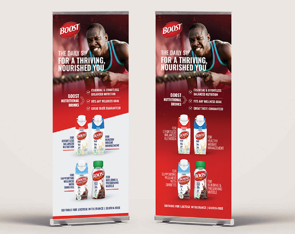 red banner featuring an athlete promoting Boost drink