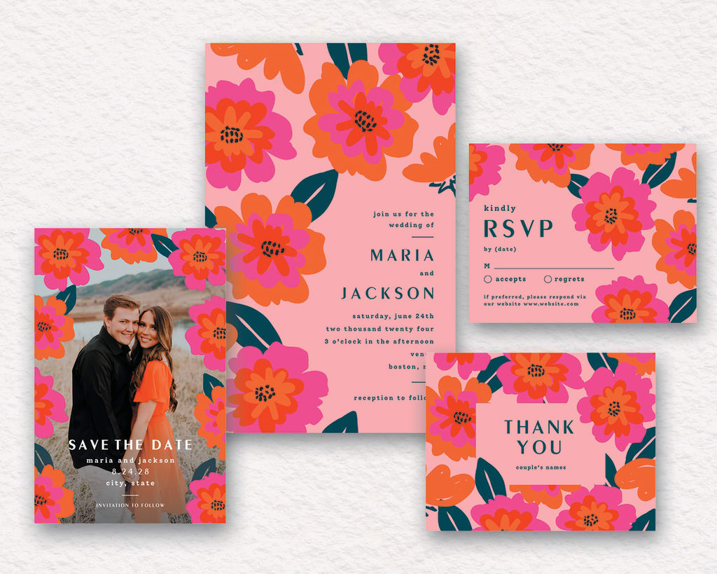 Bold floral vintage wedding invitations inspired by the 1980s.