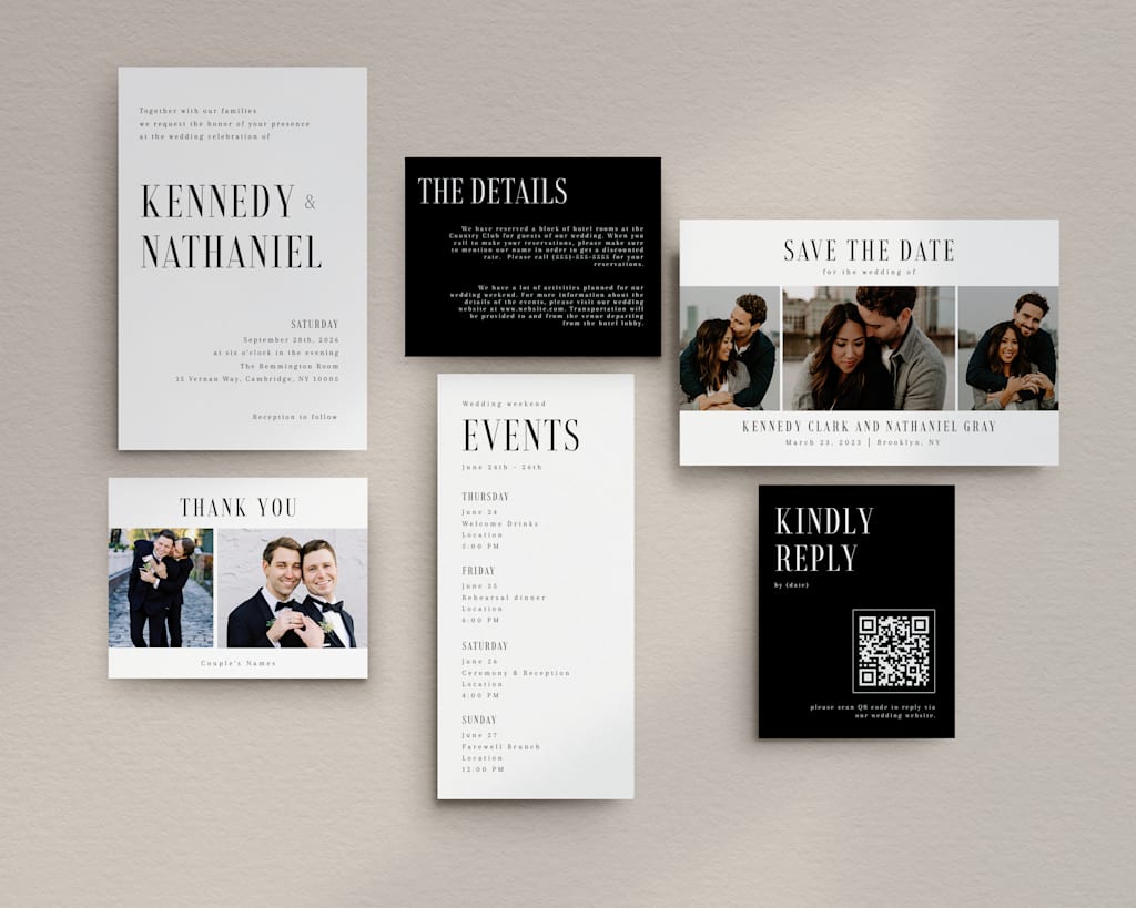 Elegant black and white wedding invitation suite, wedding invitation ideas