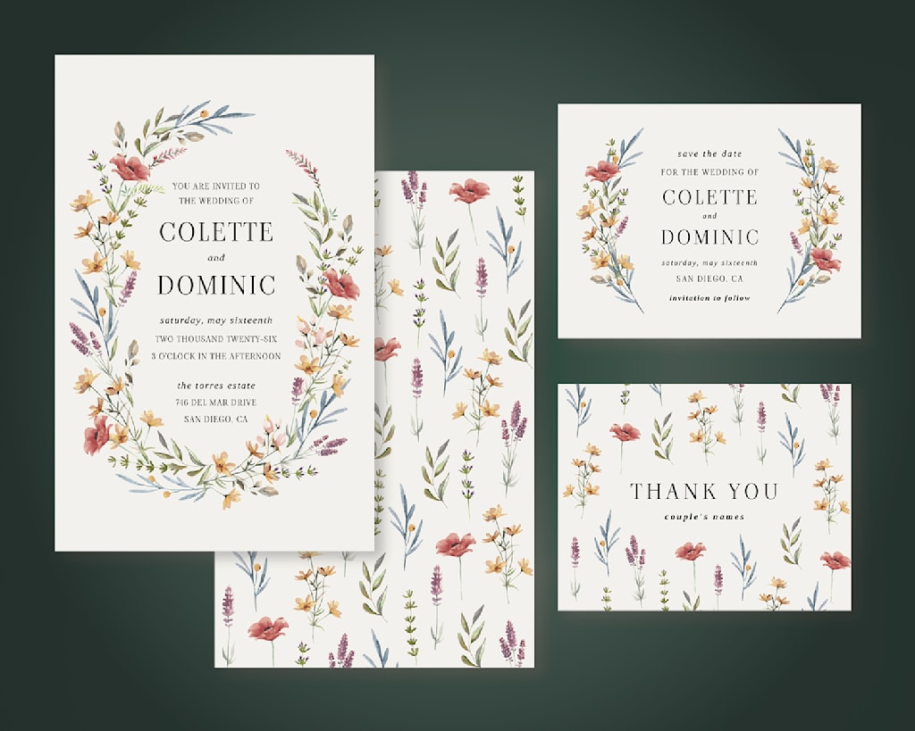 1930s inspired vintage wedding invitations with floral borders.