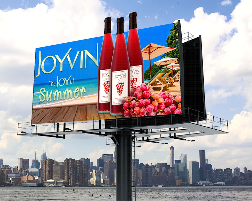 Billboard ad showing wine bottles against a beachy background.