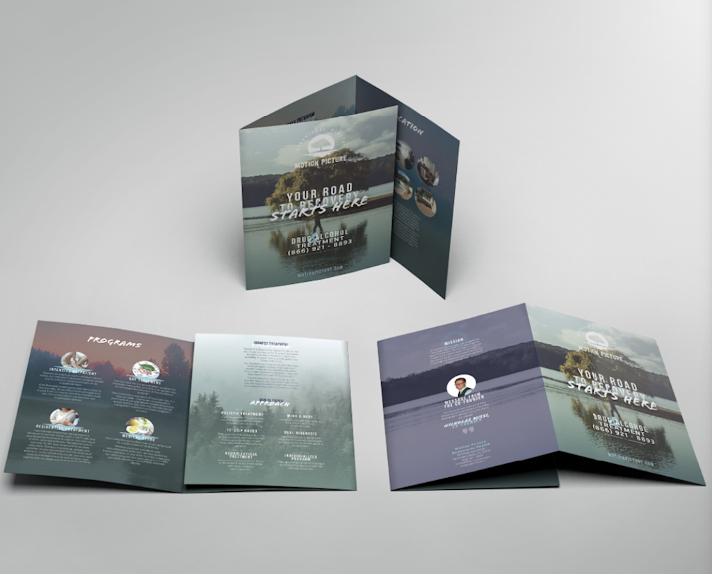 Print marketing materials: photographic brochure featuring an island in a lake