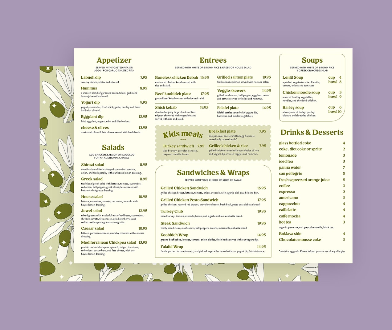Mediterranean restaurant menu design that uses easy-to-read fonts