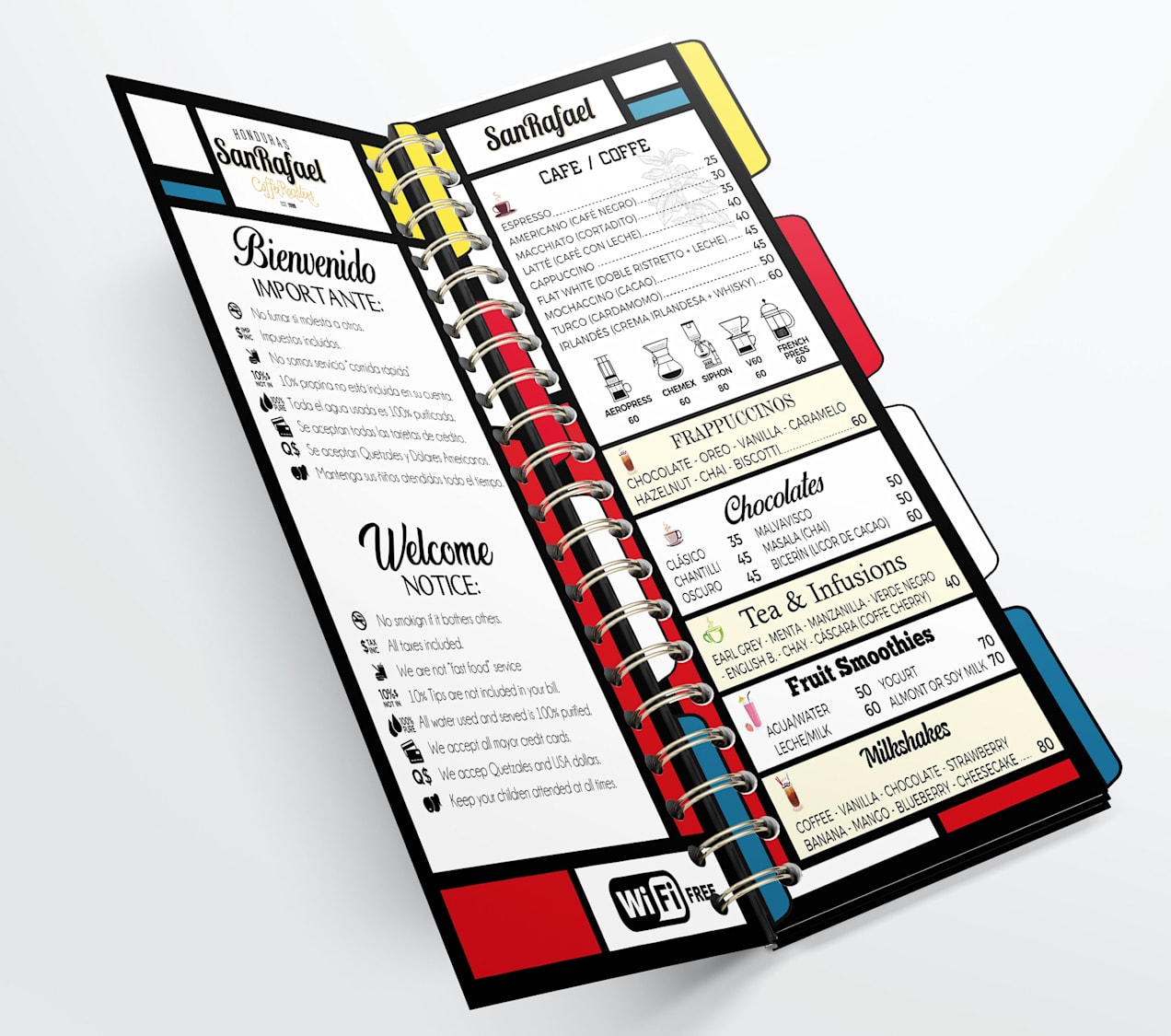 Cafe menu design that combines brand colors and cubist patterns