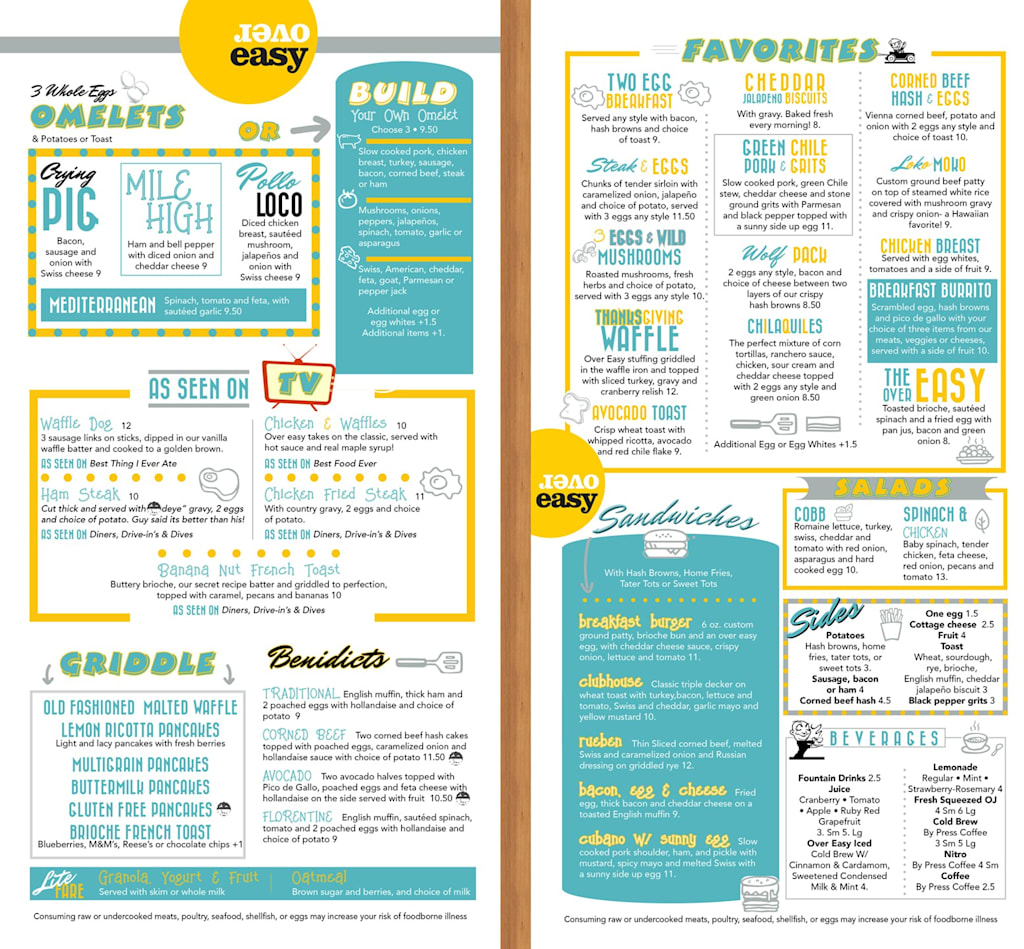 A breakfast restaurant menu design with a separate block highlighting favorites