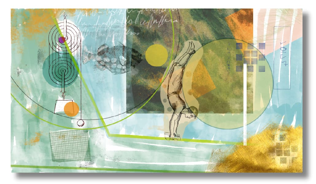 Collage des Grafikdesign-Trends "Strukturierter Bildband" mit Kritzeleien, Gekritzel und Aquarellen