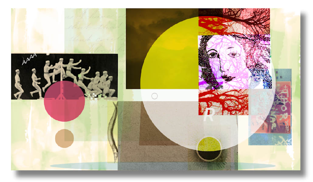 Collage des Grafikdesign-Trends "Strukturierter Bildband" mit geometrischen Formen, Texturen und Stickern