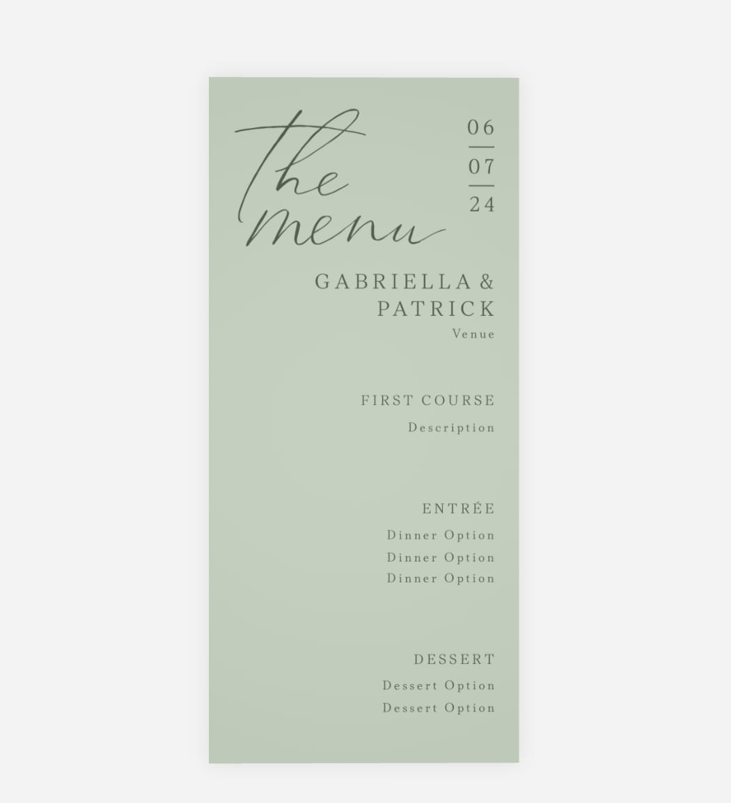 Wedding menu card with a monochrome design