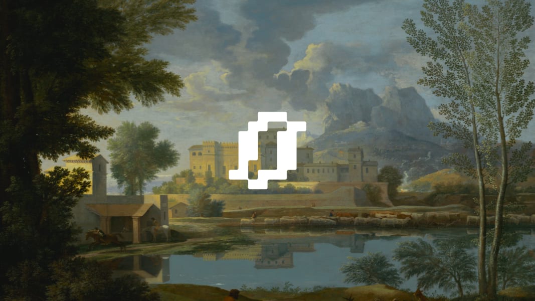 Pixelated logo over soft landscape painting