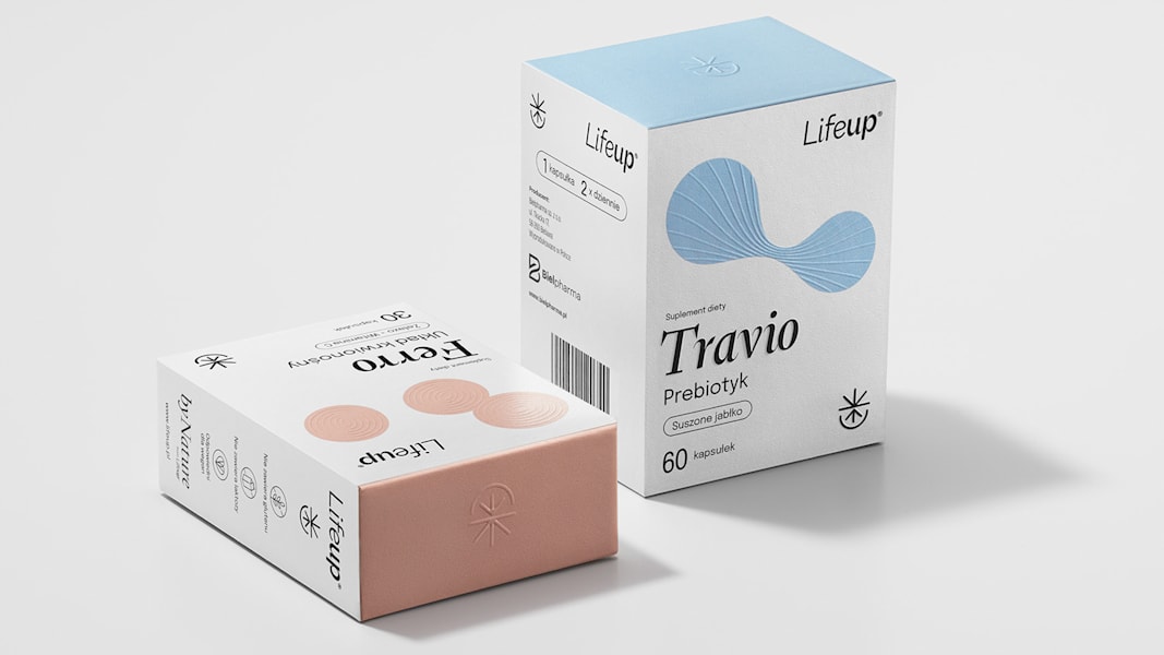 Prebiotic supplements packaging design with colorful, tactile accents in baby blue and salmon pink pressed onto the box—an example of the Imprinted packaging trend 2026