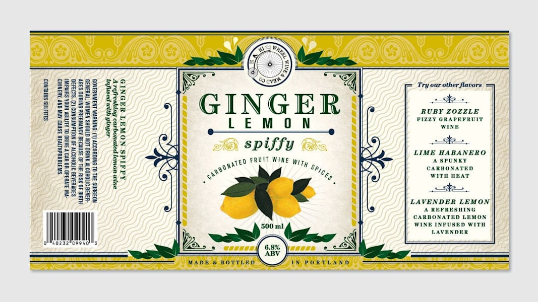 Vintage-inspired carbonated ginger fruit wine label design that uses heritage fonts, ornate frames and stylized illustrations.