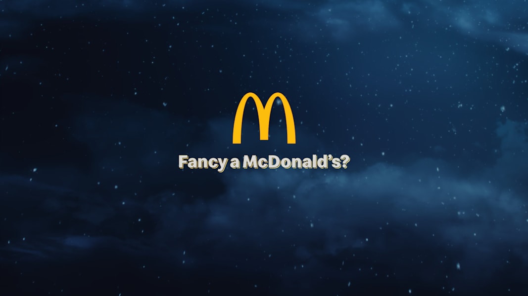 McDonald&rsquo;s campaign slogan &ldquo;Fancy a McDonald&rsquo;s?&rdquo; accompanied by McDonald&rsquo;s logo.