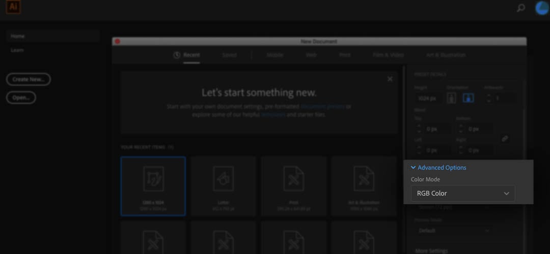 Screenshot showing how to set the color mode in Illustrator