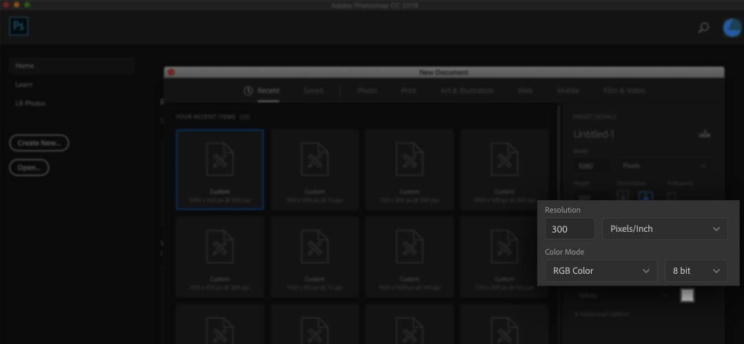 Screenshot showing how to set the color mode in Photoshop