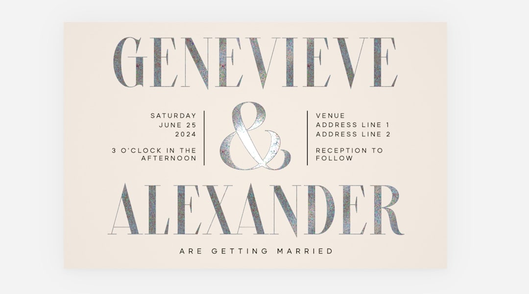 Wedding invitation with glitter foil elements and rounded corners