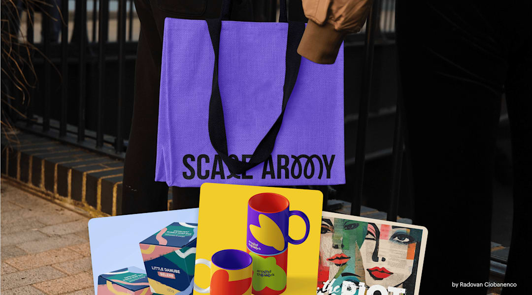Sac shopping violet avec logo en arrière-plan et collage des grandes tendances graphiques sur le merchandising et le packaging pour les marques.