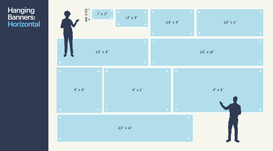 Diagram of an array of horizontal hanging banners and their sizes or measurements