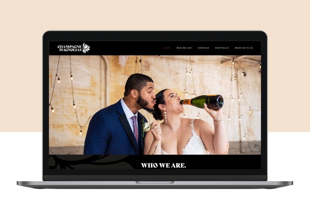 A modern wedding website example with a photo of a married couple