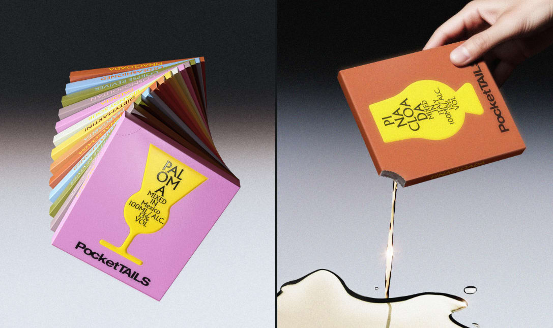 Packaging de cocktails de poche ressemblant à des livres, illustrant la tendance de packaging Effet de surprise pour 2026