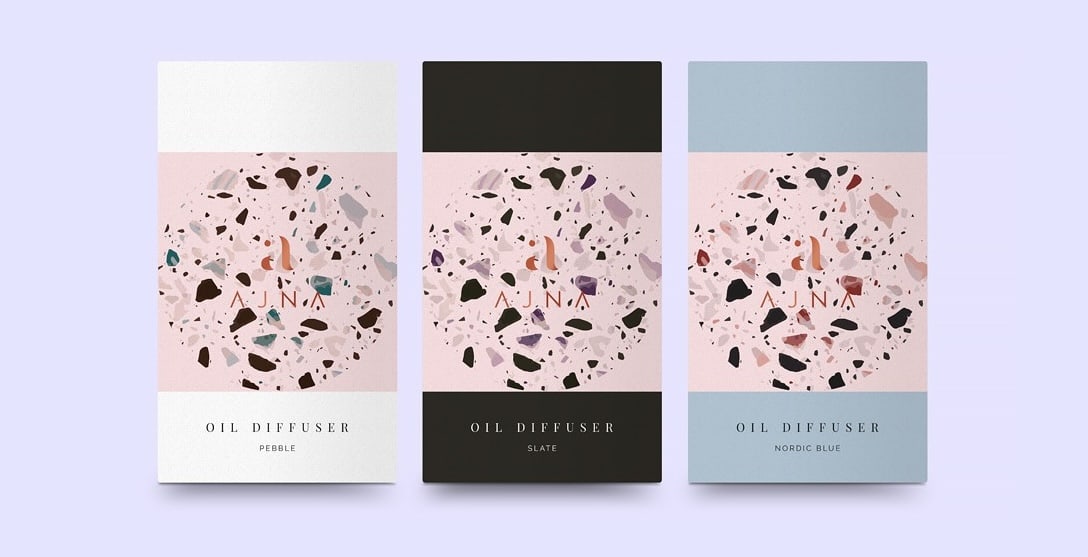Oil diffuser packaging tapping into the Curated Frames packaging design trend 2025