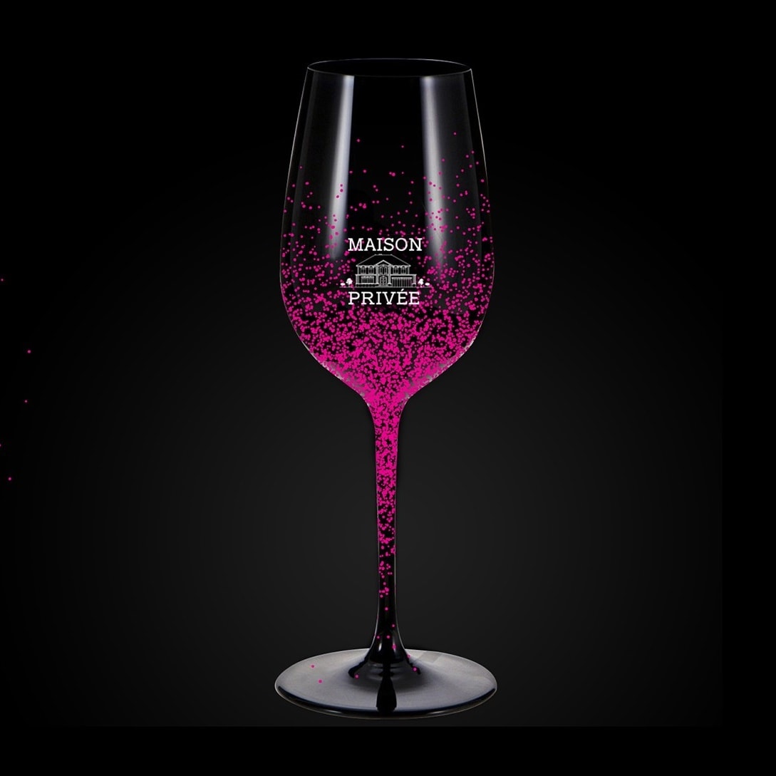 merchandise branding with wine glass design with pink flecks on it