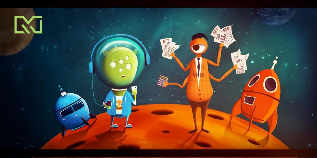 aliens interacting over planet illustration