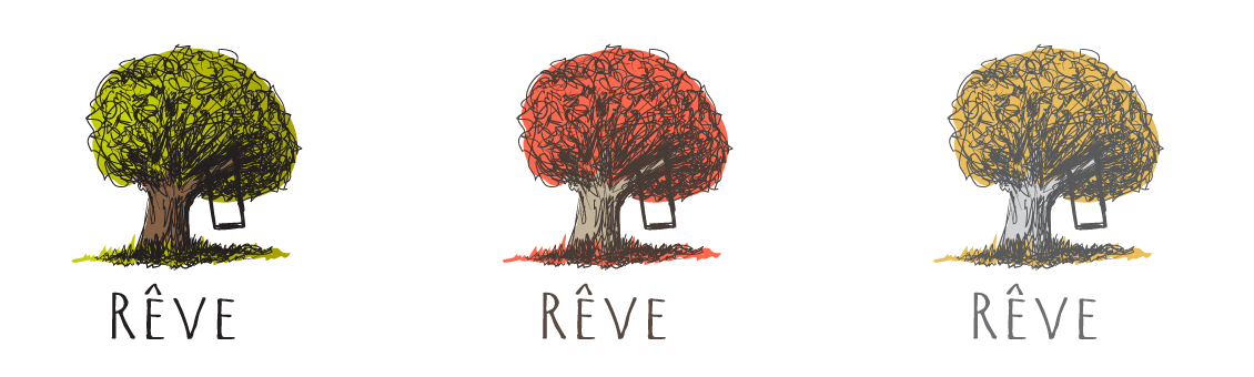 three images of the same tree, one in green, one in red and one in yellow