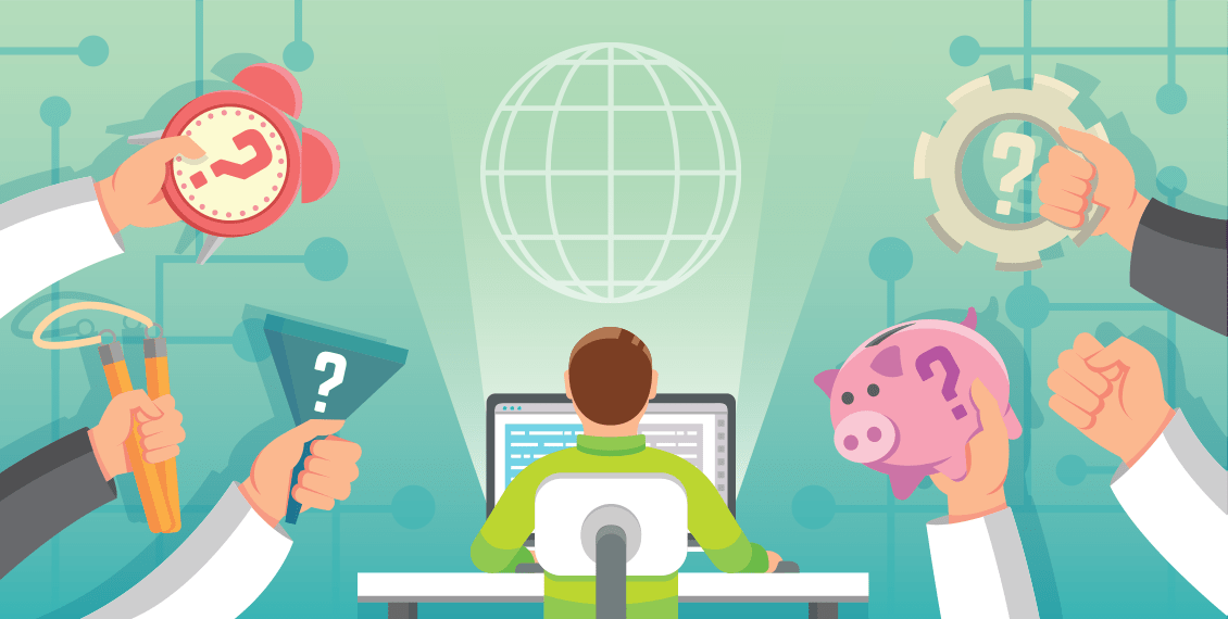 designer over computer surrounded by questions illustration