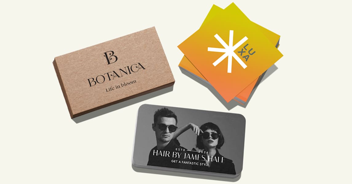 Three unique business card design ideas featuring kraft paper, gradient color, and a stylish photo layout