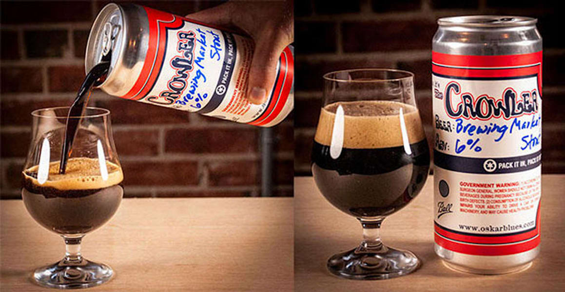 32 oz silver aluminum crowler beer can design with handwritten text.