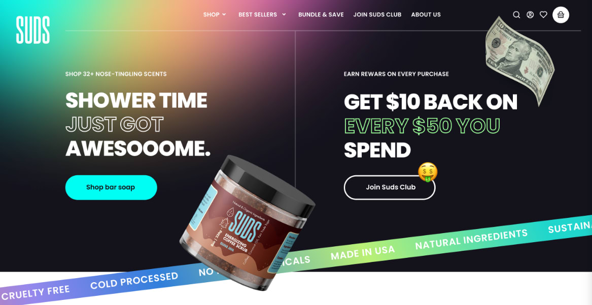 Floating images of scrub soap and a dollar bill on a soap brand website