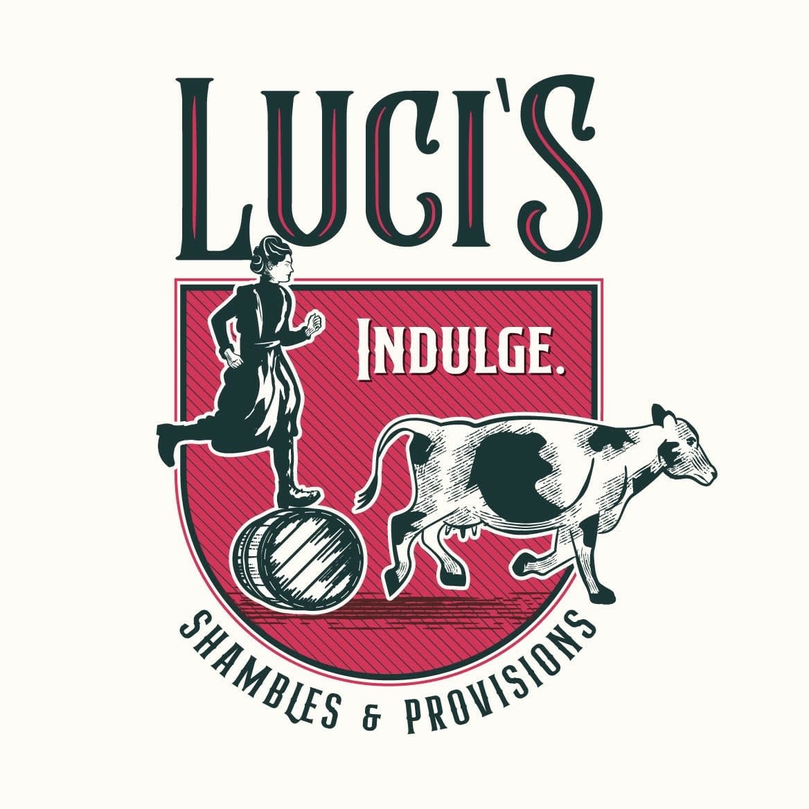 red and gray logo with a tagline showing a woman on a barrel chasing a cow