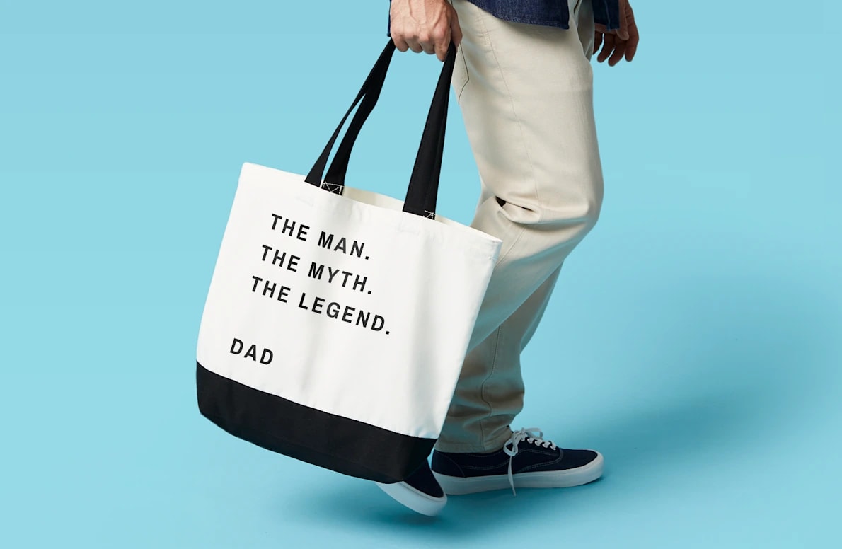 Customized tote bag with the text "The man. The myth. The legend. Dad"