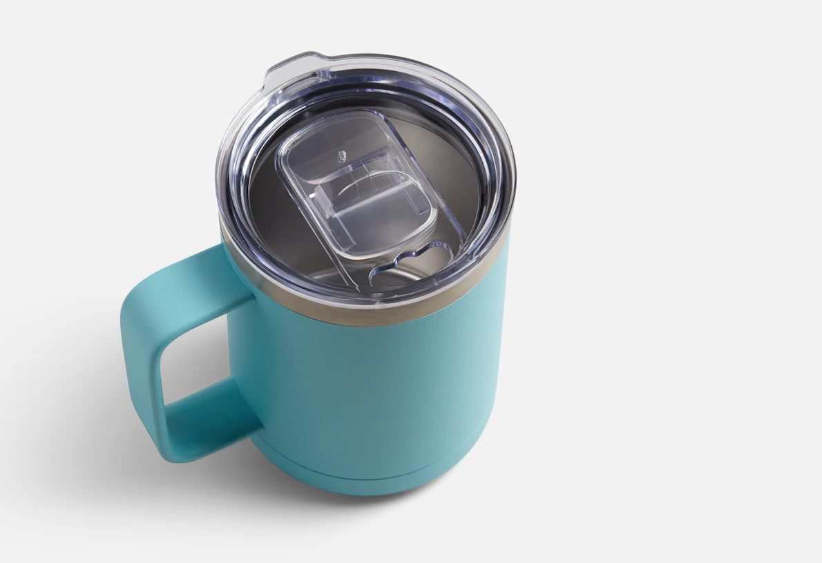 A blue travel coffee mug