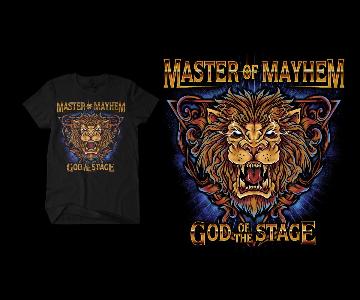 Heavy metal style t-shirt illustration of a lion