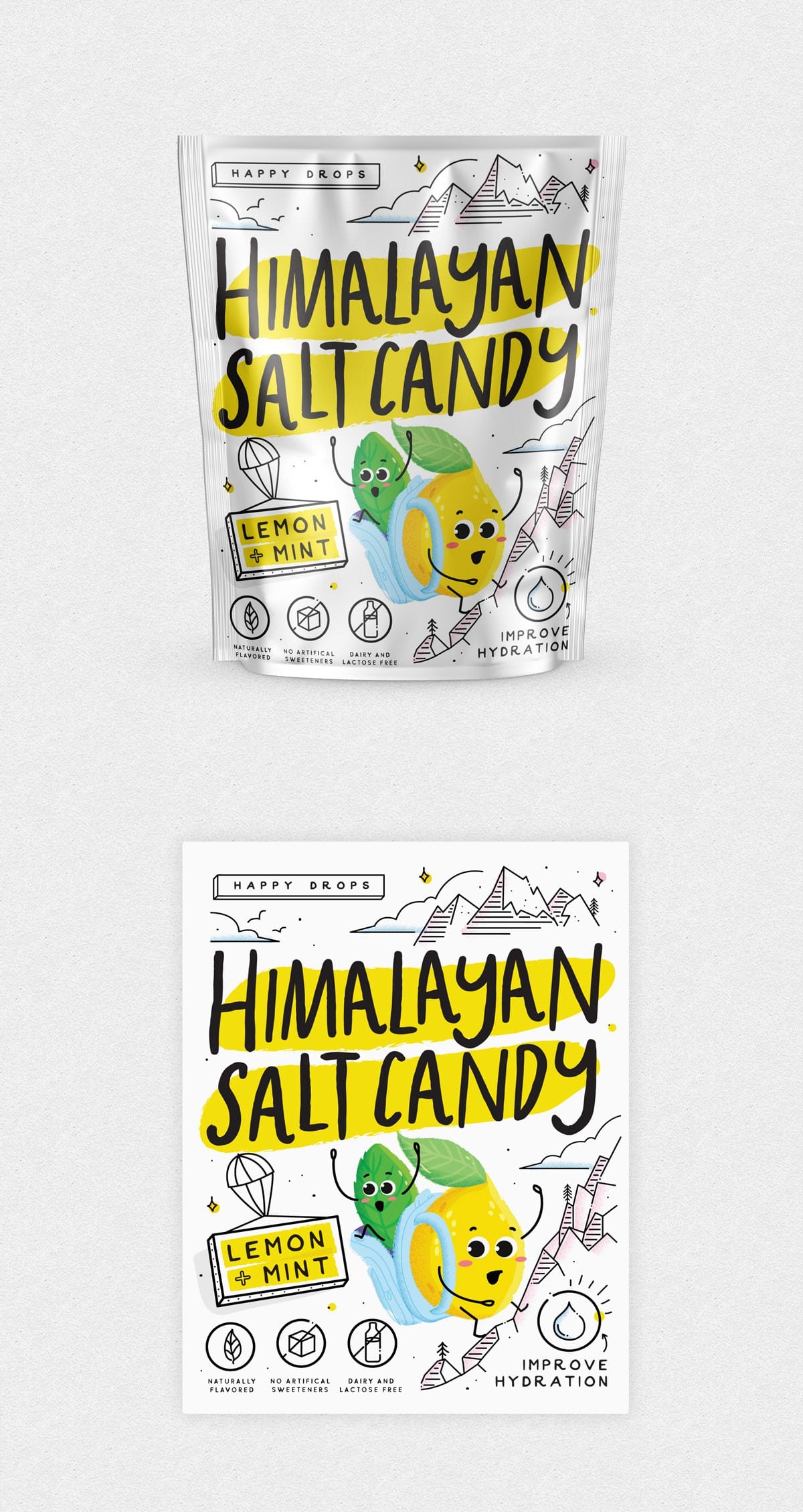 Packaging design that uses branding elements like brand mascots, brand colors, fonts, tone of voice