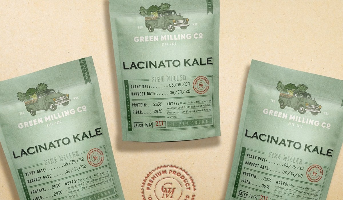 Green stand-up pouches for “Lacinato Kale” by Green Milling Co, featuring vintage typography, farm truck illustration and detailed harvest notes—an example of the Apothecary Aesthetic packaging trend 2026