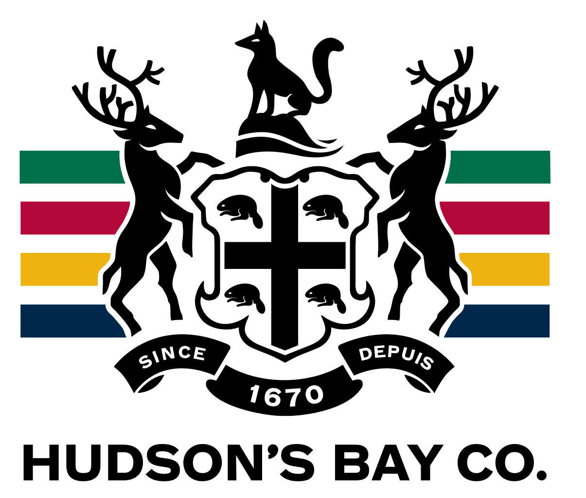 Hudson’s Bay logo design with the brand’s signature green, red, yellow and navy stripes