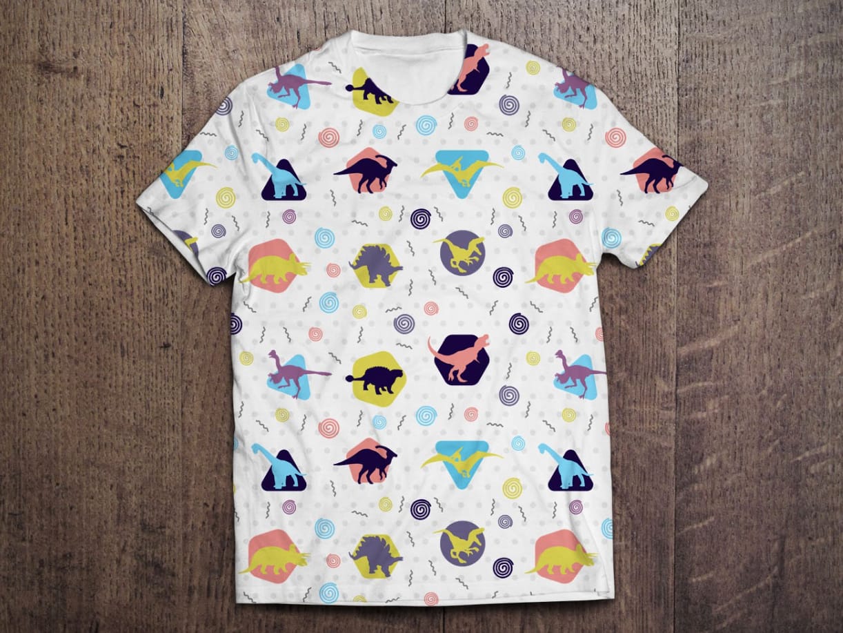 T-shirt design of a colorful all-over dinosaur pattern