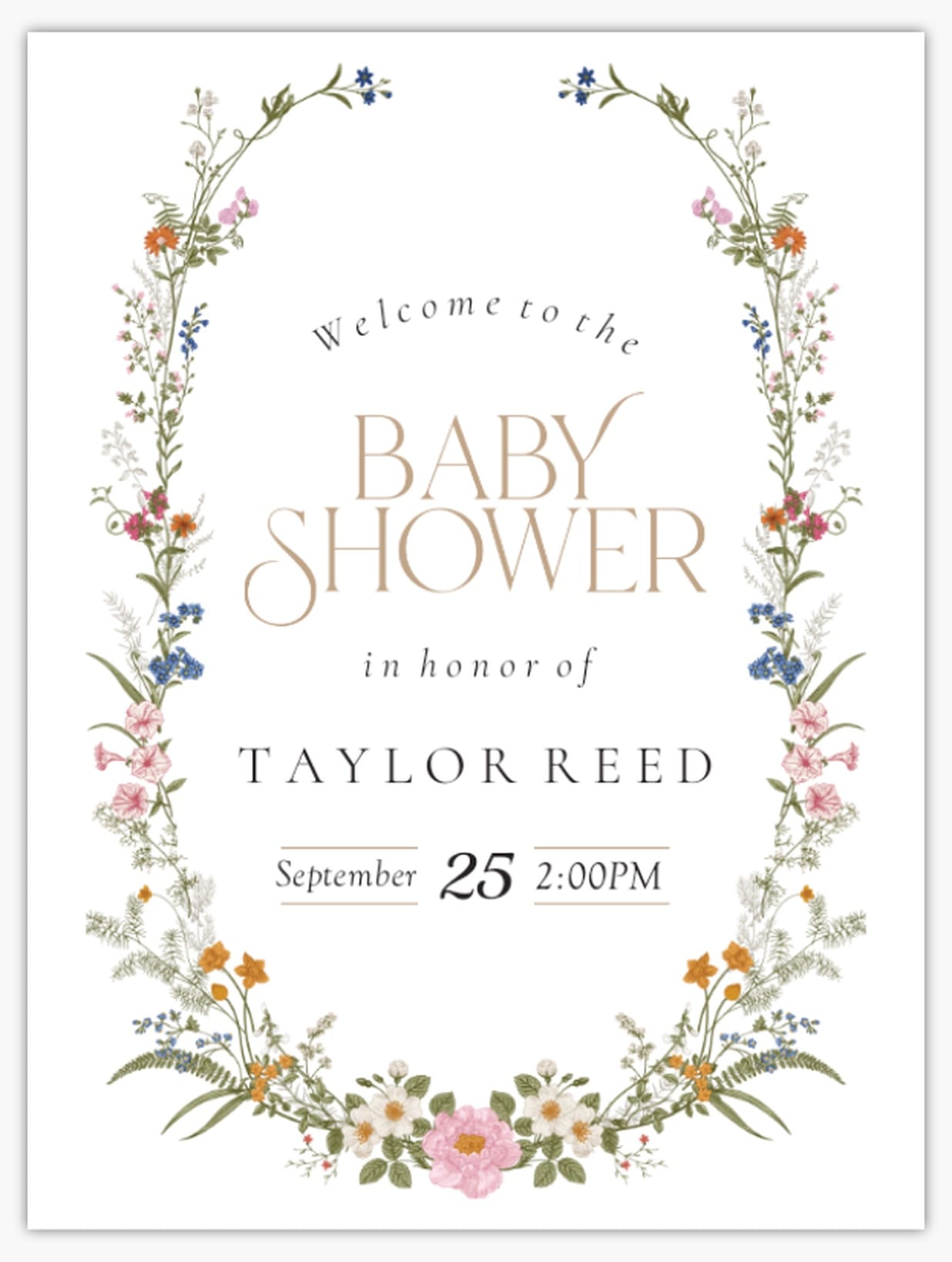 Floral poster template layout for a baby shower