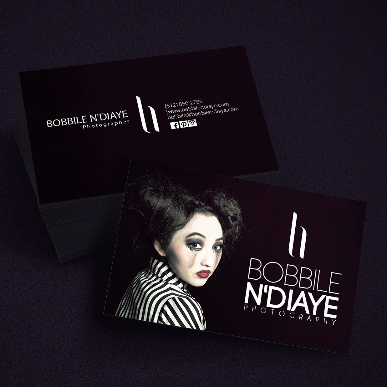Photography business card featuring a woman in makeup